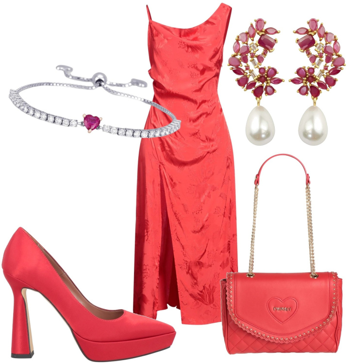Outfit donna - Una serata particolare. Stile Glamour per Cerimonia. Abbinamento con décolleté, vestiti midi/longuette, orecchini, borse a mano, braccialetti.