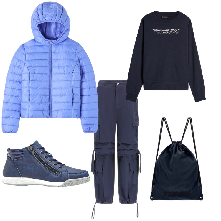 Outfit donna - Blu. Stile Casual per Scuola/Università. Abbinamento con sneakers alte, blazer, pantaloni cargo, zaini, felpe.