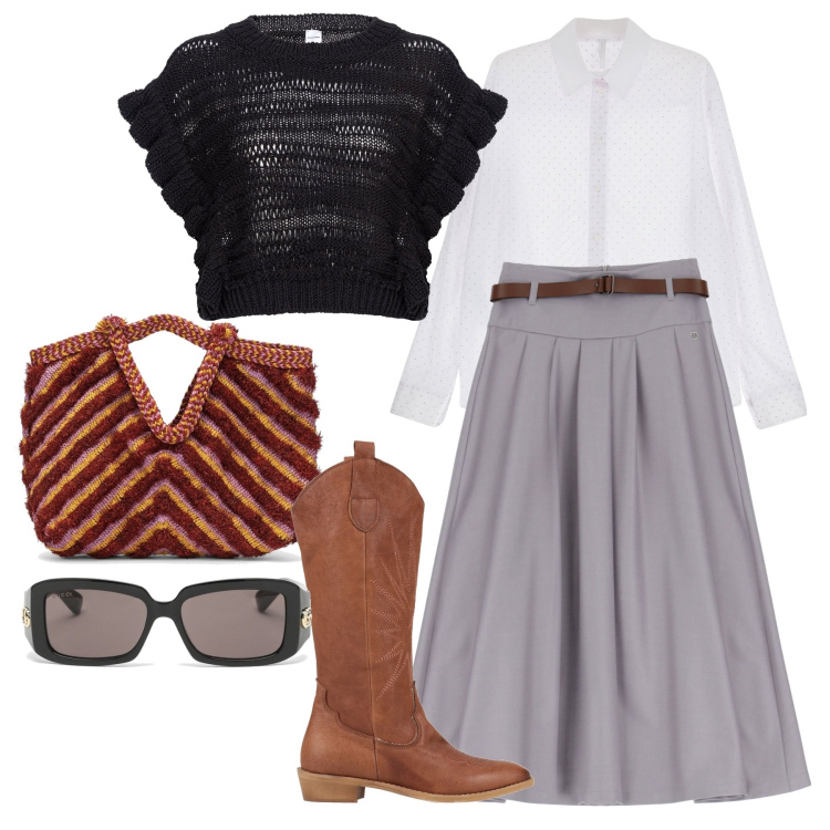 Outfit donna - Indizi boho. Stile Urban per Tutti i giorni. Abbinamento con stivali, gonne longuette, maglieria, camicie, occhiali da sole, borse a mano.