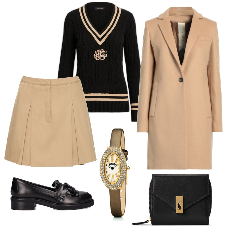 Outfit donna - Ufficio e serata perfetti. Stile Glamour per Ufficio. Abbinamento con cappotti, orologi, portafogli, maglieria, gonne, mocassini.