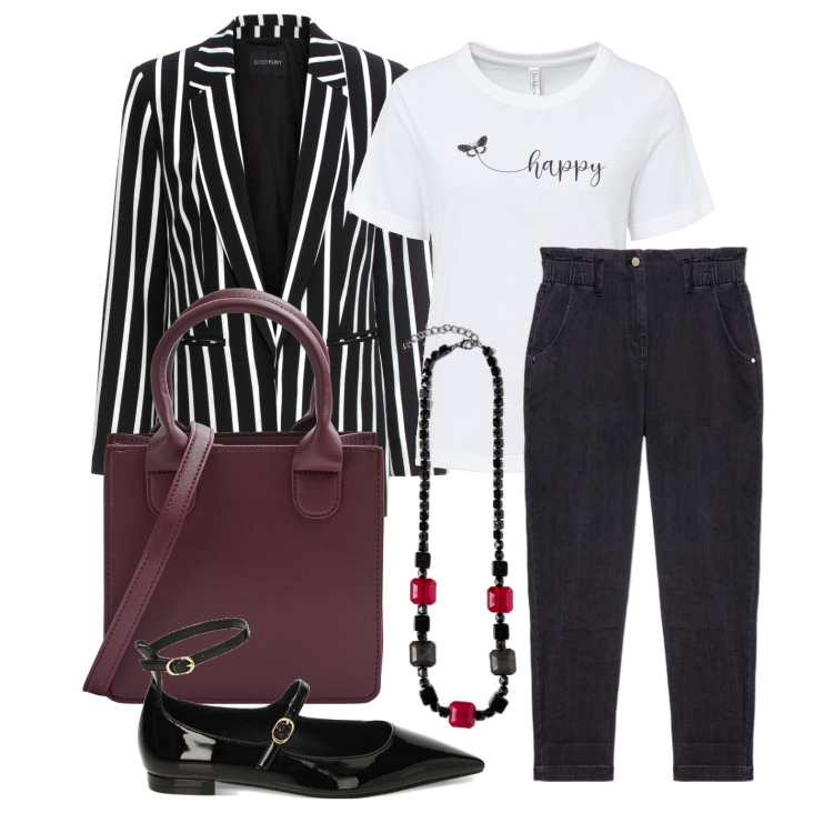 Outfit donna - Ghost outfitter - febbraio. Stile Casual chic per Tutti i giorni. Abbinamento con t-shirt, blazer, shopping bag, ballerine, jeans, collane.