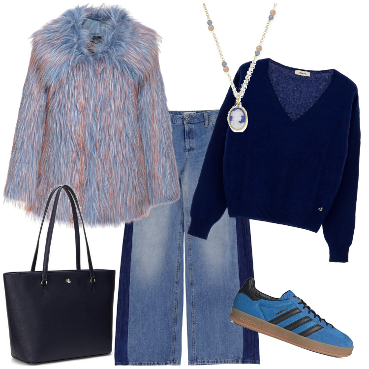 Outfit donna - Il jeans comodo. Stile Trendy per Tutti i giorni. Abbinamento con collane, cappotti, jeans, pullovers, borse tote, sneakers.