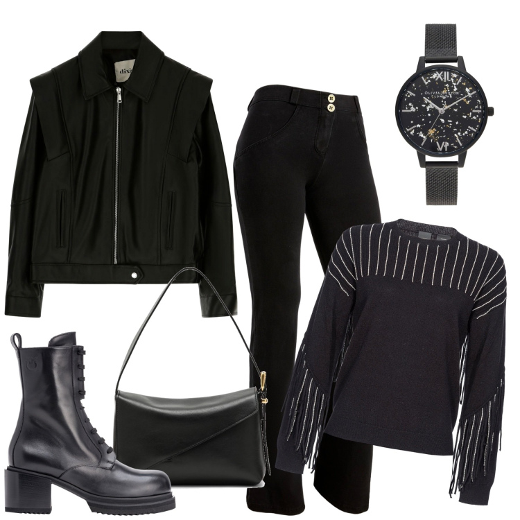 Outfit donna - Vedo nero. Stile Casual chic per Tutti i giorni. Abbinamento con orologi digitali, anfibi, pullovers, jeggings, blazer, borse a spalla.