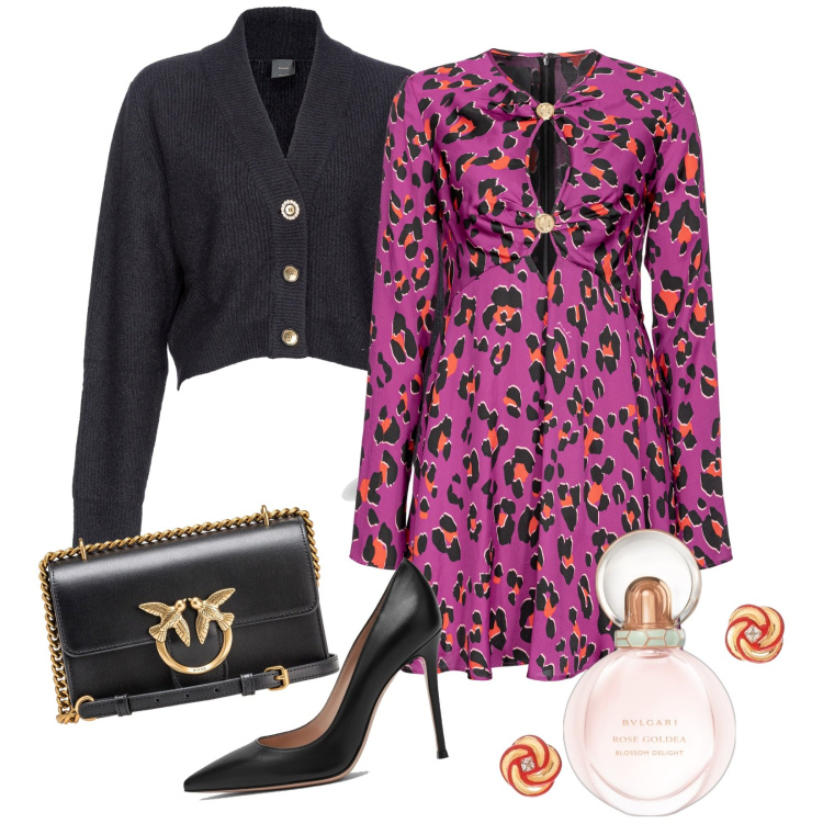 Outfit donna - Stagione del cardigan. Stile Chic per Serata fuori. look ideale per Petite. Abbinamento con profumi, vestiti, cardigans, borse a tracolla, orecchini, décolleté.