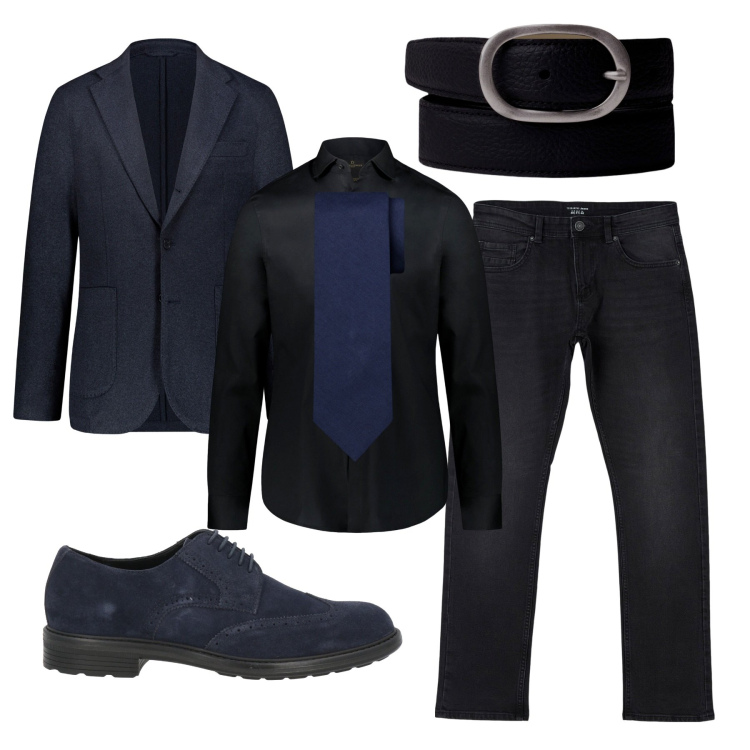 Outfit uomo - Elegante blu e nero. Stile Urban per Serata speciale. Abbinamento con scarpe stringate, jeans dritti, camicie, giacche, cravatte, cinture.