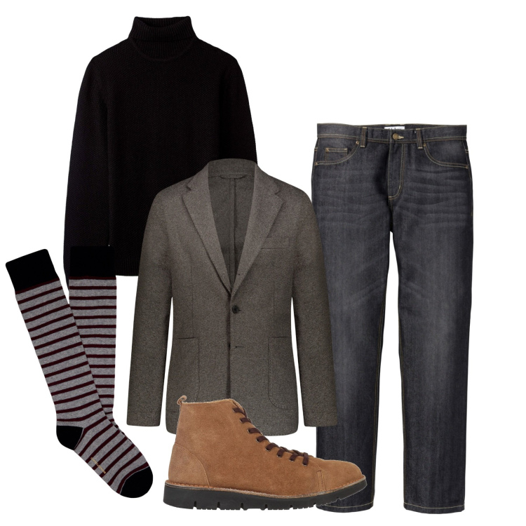 Outfit uomo - Inverno in contrasto. Stile Urban per Serata speciale. Abbinamento con jeans dritti, stivali e stivaletti, maglieria, giacche, calzini.