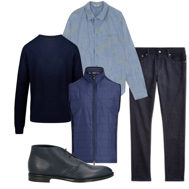 Outfit uomo - Inverno blu notte. Stile Casual per Serata speciale. Abbinamento con stivali e stivaletti, camicie, jeans, piumini, maglieria.