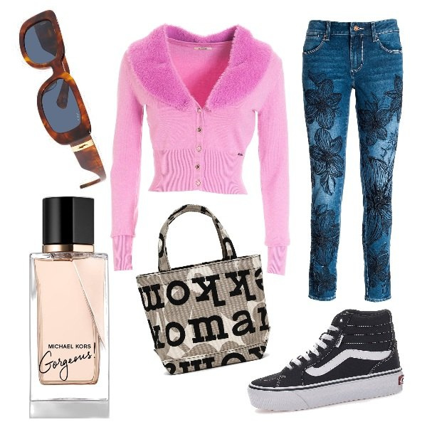 Outfit donna - Total look #1819326. Stile Casual chic per Tutti i giorni. Abbinamento con profumi, cardigans, jeans skinny, occhiali da sole, sneakers, borse tote.
