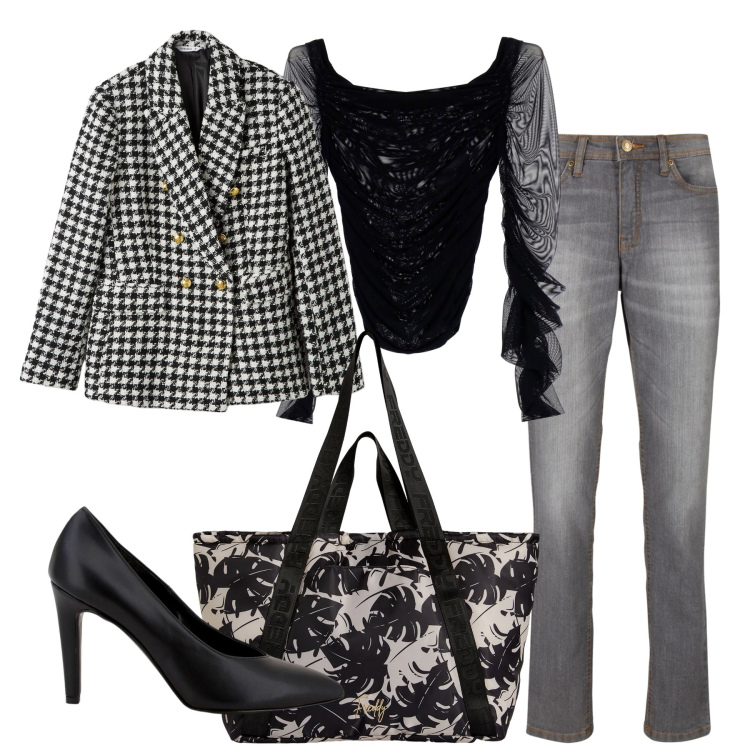 Outfit donna - City serata. Stile Casual chic per Serata fuori. Abbinamento con jeans mom, blazer, maglieria, décolleté, shopping bag.