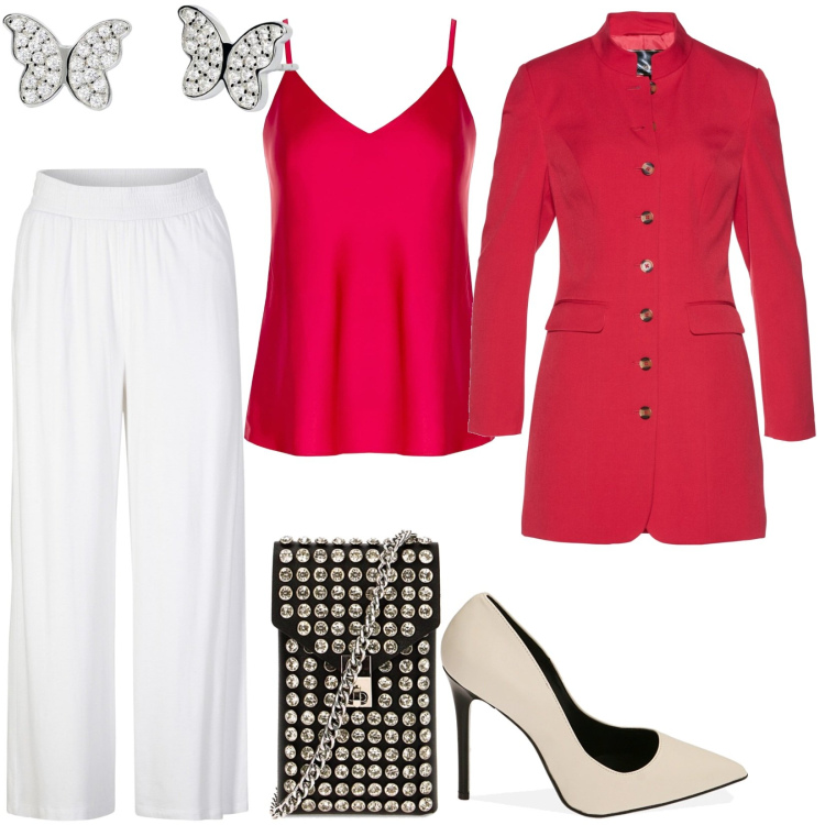 Outfit donna - Total look #1819333. Stile Casual per Tutti i giorni. Abbinamento con pantaloni, blazer, orecchini, top, décolleté, borse a spalla.