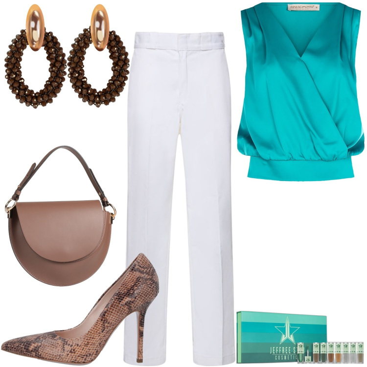 Outfit donna - Total look #1819336. Stile Casual chic per Tutti i giorni. Abbinamento con orecchini, décolleté, borse a mano, rossetti, top, pantaloni.