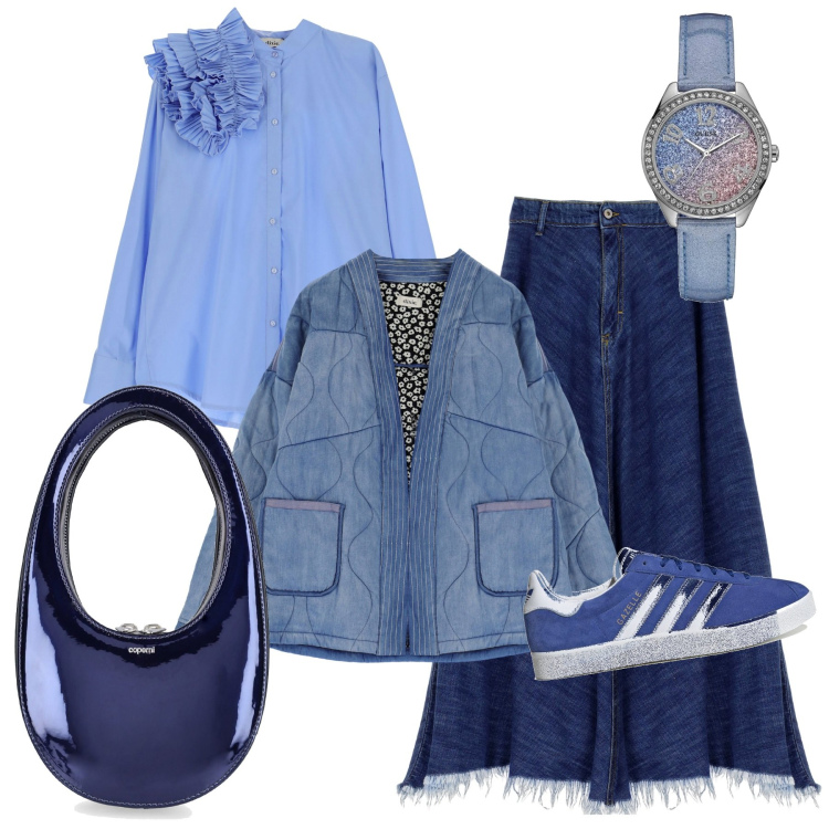 Outfit donna - In blu. Stile Casual chic per Tutti i giorni. Abbinamento con orologi, blazer, gonne lunghe, camicie, sneakers, borse a mano.