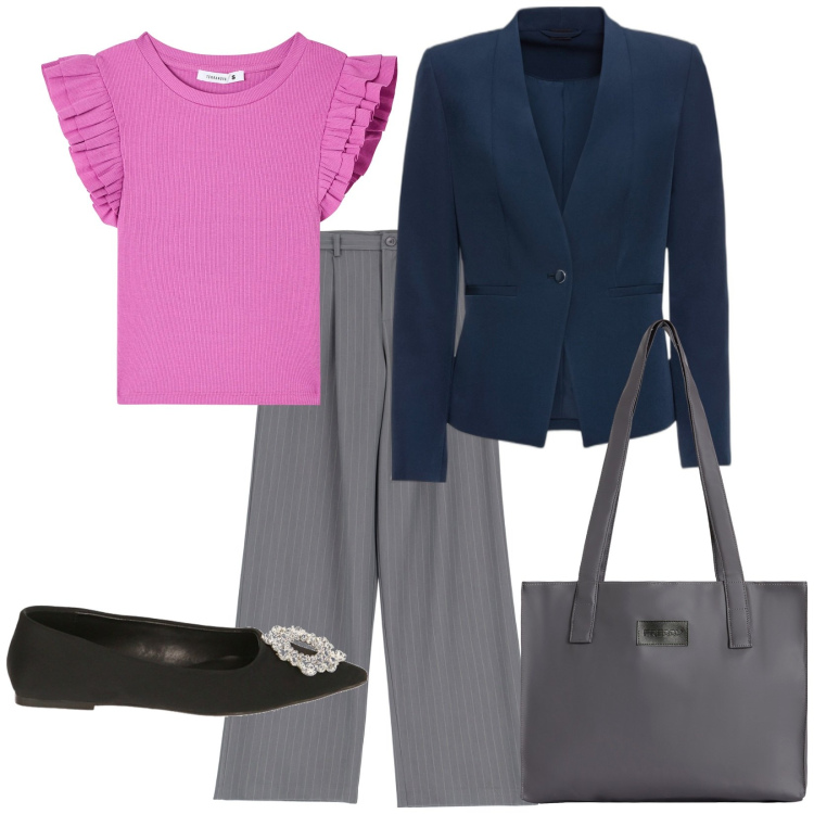 Outfit donna - La maglietta fucsia. Stile Bon Ton per Tutti i giorni. Abbinamento con blazer, t-shirt, pantaloni a palazzo, shopping bag, ballerine.