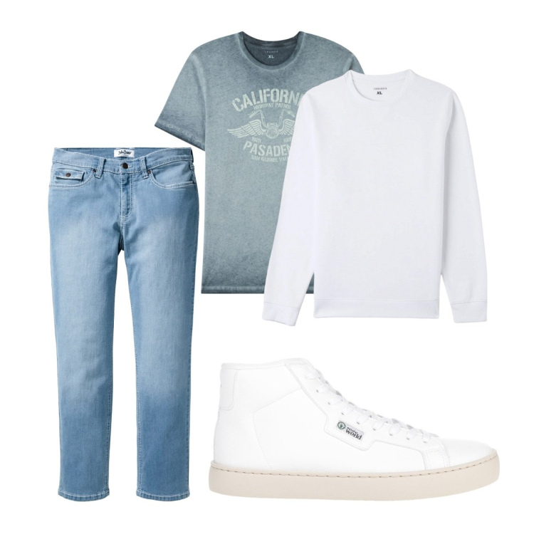 Outfit uomo - Total look #1819358. Stile Casual per Tutti i giorni. Abbinamento con jeans dritti, sneakers alte, t-shirt, felpe con cappuccio.