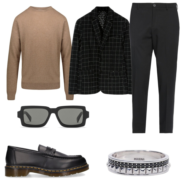 Outfit uomo - Quadri sulla giacca. Stile Business/Elegante per Ufficio. Abbinamento con pantaloni, anelli, giacche, maglieria, scarpe stringate, occhiali da sole.