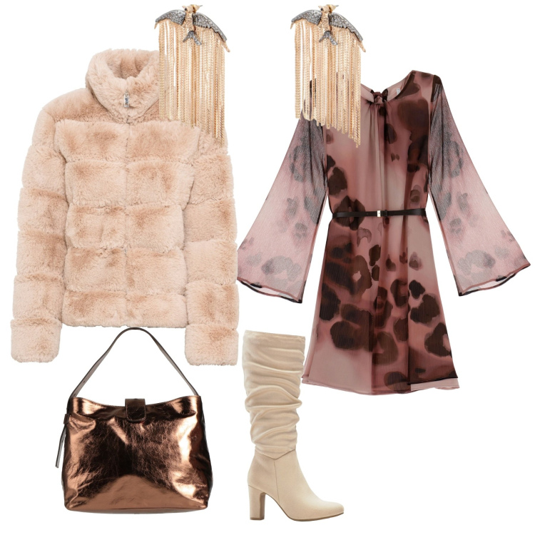 Outfit donna - Serata glamour. Stile Glamour per Serata fuori. Abbinamento con ecopellicce, stivali sopra il ginocchio, borse a mano, orecchini, vestiti corti.