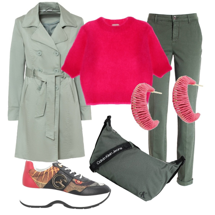 Outfit donna - Combo verde e fuxia. Stile Casual per Tutti i giorni. Abbinamento con trench, sneakers, borse a tracolla, orecchini, pantaloni, pullovers.