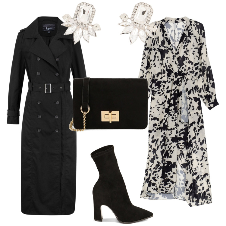 Outfit donna - Serata black and white. Stile Romantica per Serata fuori. Abbinamento con trench, vestiti midi/longuette, stivaletti, borse a tracolla, orecchini.