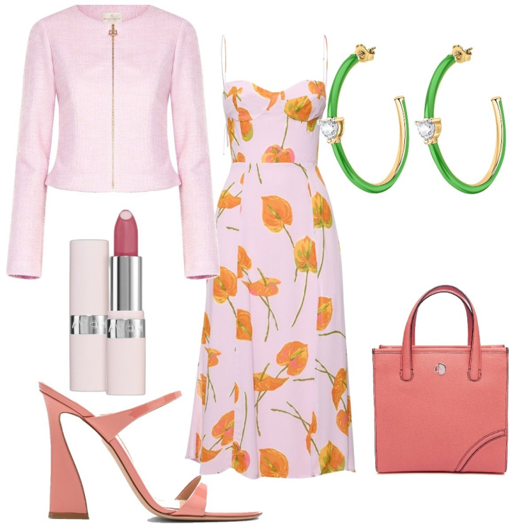 Outfit donna - Total look #1819385. Stile Bon Ton per Tutti i giorni. Abbinamento con orecchini, rossetti, blazer, vestiti midi/longuette, sandali in pelle, shopping bag.