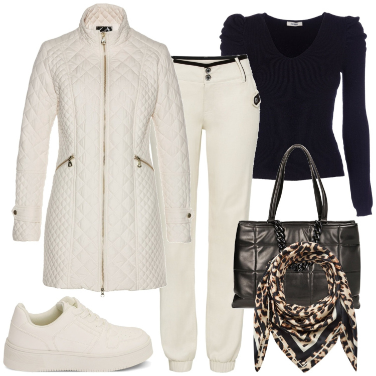Outfit donna - City. Stile Sporty chic per Tutti i giorni. Abbinamento con blazer, pantaloni, foulard, maglieria, sneakers, borse a spalla.