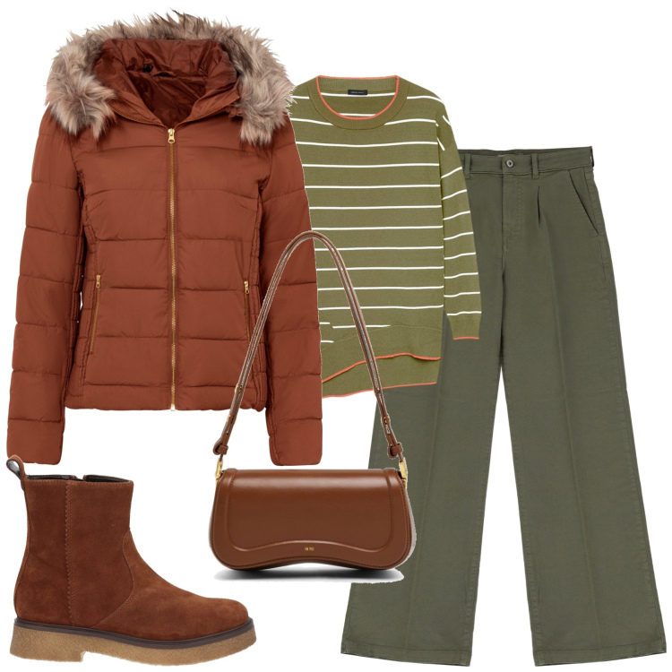 Outfit donna - City. Stile Urban per Tutti i giorni. Abbinamento con giacche, stivaletti, pantaloni a palazzo, maglieria, borse a spalla.