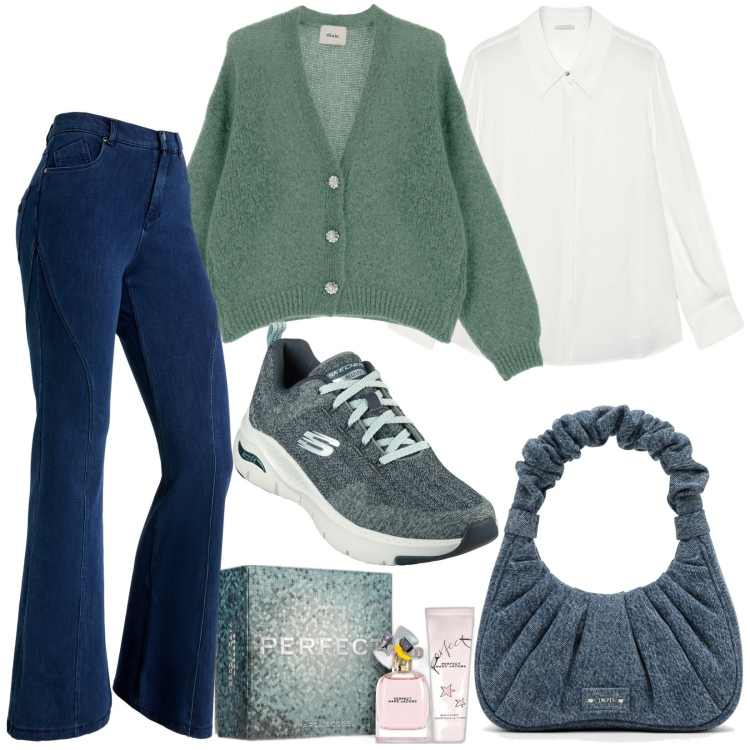 Outfit donna - Casual. Stile Casual per Tutti i giorni. Abbinamento con profumi, jeans a zampa, cardigans, sneakers, borse a mano, camicie.