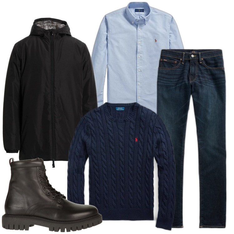 Outfit uomo - Appuntamento invernale. Stile Casual per Tutti i giorni. Abbinamento con anfibi, giacche, camicie, maglieria, jeans skinny.