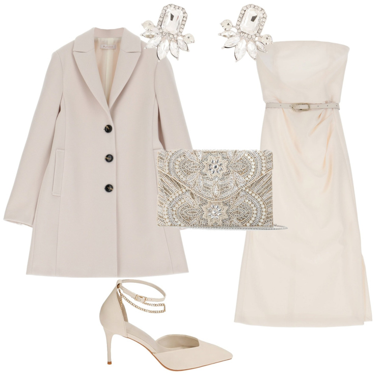 Outfit donna - Bon ton cipria per cerimonia. Stile Bon Ton per Cerimonia. Abbinamento con pochette, cappotti, vestiti corti, décolleté, orecchini.