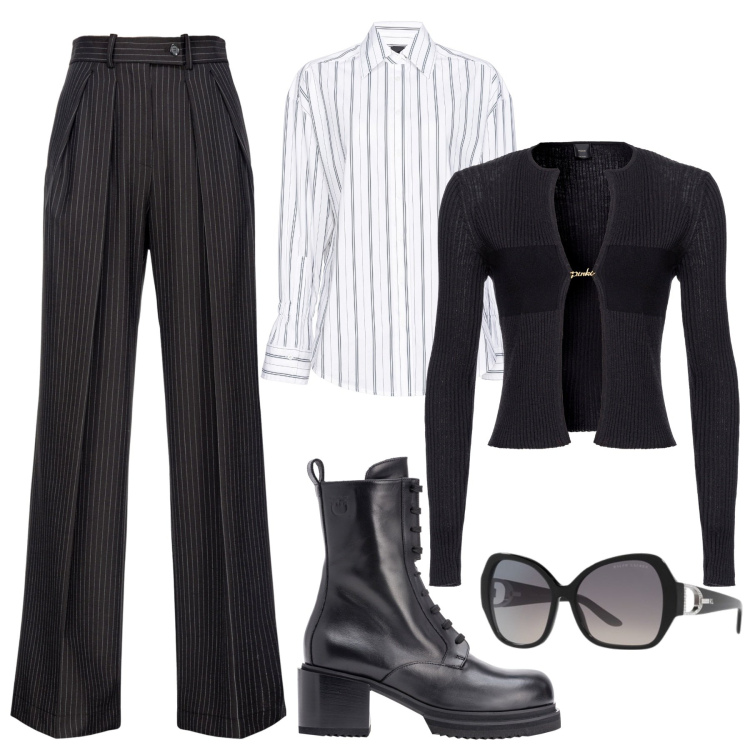 Outfit donna - Ufficio. Stile Basic per Ufficio. Abbinamento con pantaloni a palazzo, cardigans, camicie, anfibi, occhiali da sole.