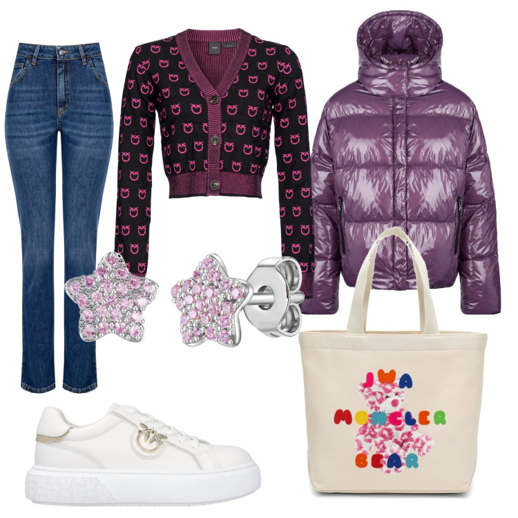 Outfit donna - Stelline rosa. Stile Glamour per Scuola/Università. Abbinamento con orecchini, sneakers, cardigans, jeans dritti, blazer, borse tote.