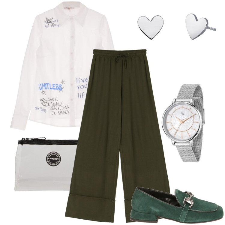 Outfit donna - I cuoricini. Stile Casual chic per Tutti i giorni. Abbinamento con orologi, orecchini, camicie, valigie, mocassini, pantaloni a palazzo.