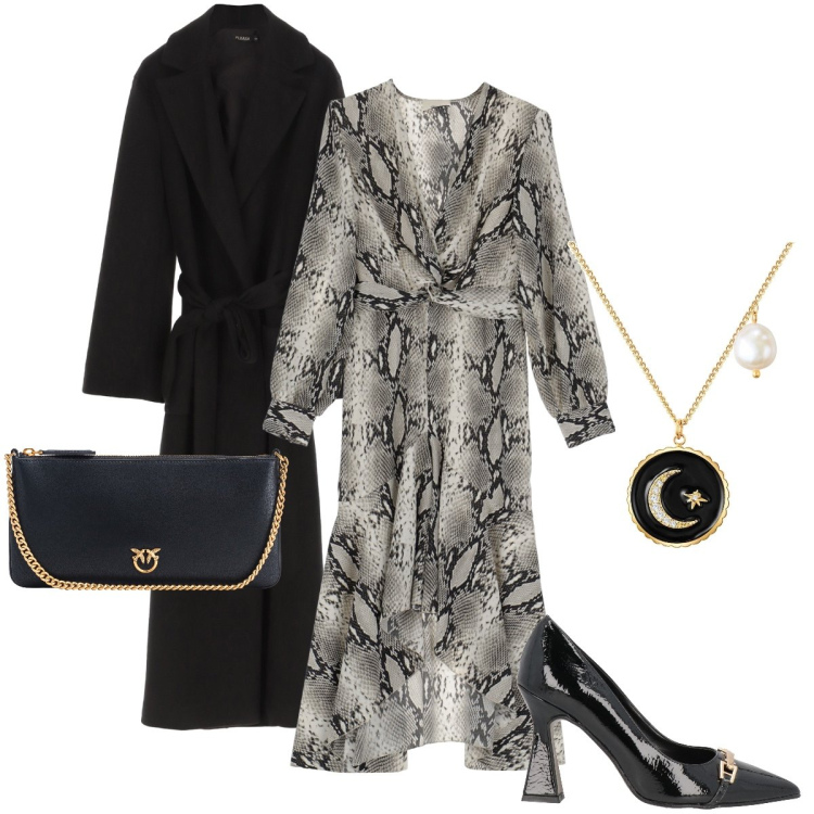 Outfit donna - L’abito pitonato. Stile Bon Ton per Serata fuori. Abbinamento con décolleté, collane, borse a tracolla, cappotti, vestiti asimmetrici.