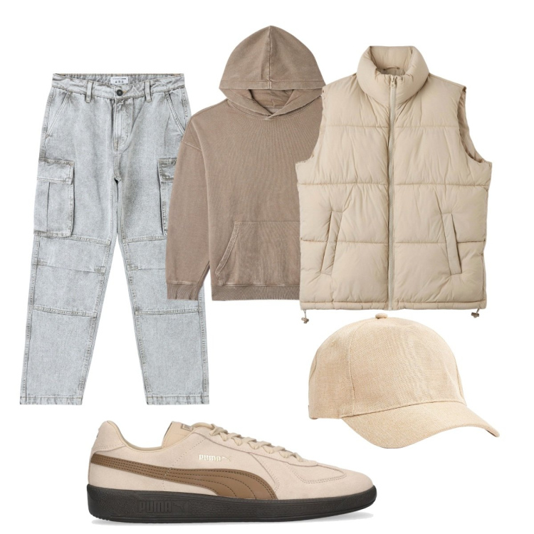 Outfit uomo - Total look #1819453. Stile Casual per Tutti i giorni. Abbinamento con jeans, piumini, felpe con cappuccio, cappelli, sneakers.