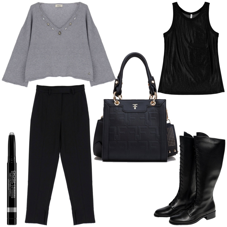 Outfit donna - Pullover e top. Stile Trendy per Tutti i giorni. Abbinamento con ombretti, borse tote, pantaloni, top, pullovers, stivali sopra il ginocchio.