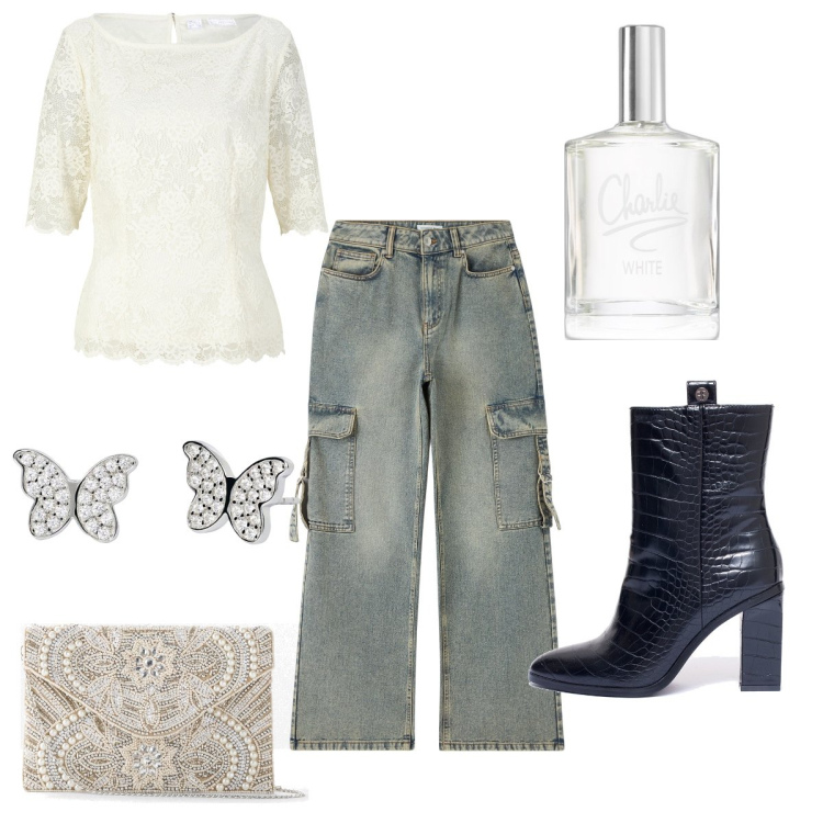 Outfit donna - Total look #1819541. Stile Vintage retrò Abbinamento con pochette, bluse, profumi, jeans, orecchini, stivaletti.