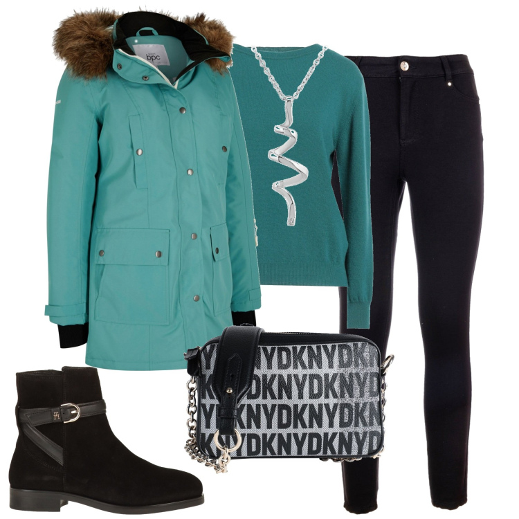 Outfit donna - City. Stile Urban per Tutti i giorni. Abbinamento con blazer, pullovers, stivaletti, ciondoli, borse a tracolla, jeans skinny.