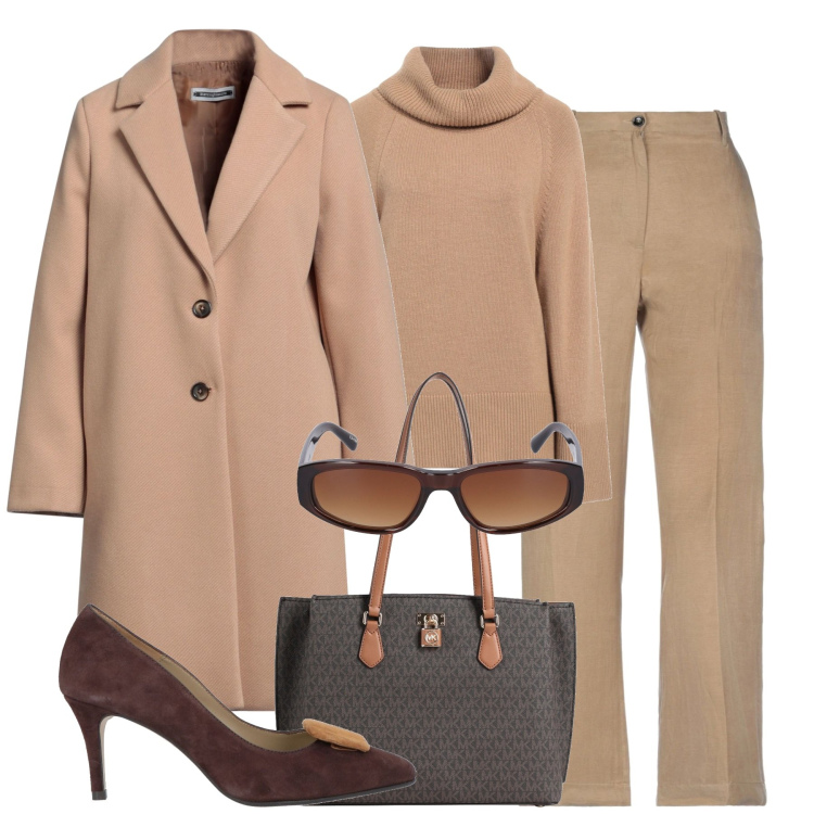 Outfit donna - Brown. Stile Chic per Tutti i giorni. Abbinamento con cappotti, maglieria, borse a spalla, pantaloni, décolleté, occhiali da sole.