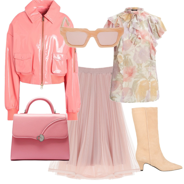 Outfit donna - Toni del rosa. Stile Casual chic per Ufficio. Abbinamento con stivali, blazer, gonne lunghe, camicie, occhiali da sole, borse a mano.
