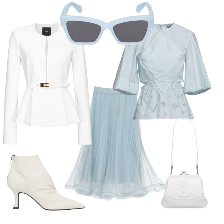 Outfit donna - Evento cerimonia. Stile Romantica per Cerimonia. Abbinamento con top, stivaletti, blazer, gonne lunghe, pochette, occhiali da sole.