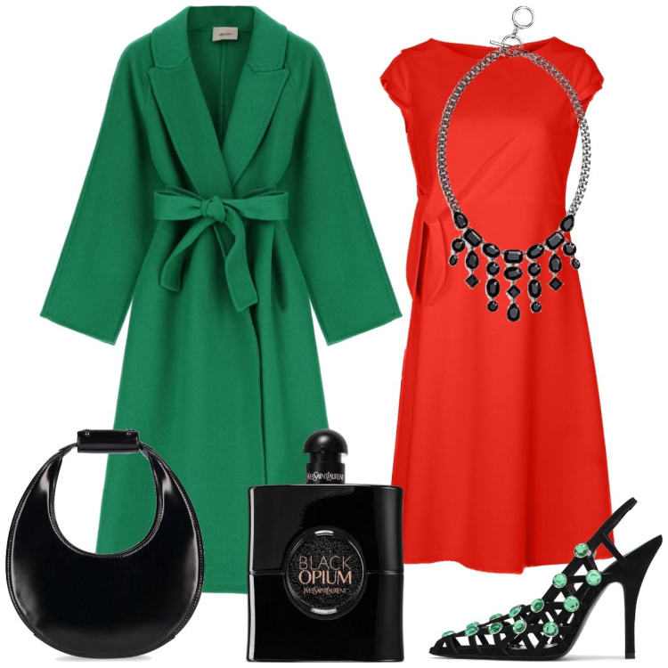 Outfit donna - Aperitivo. Stile Chic per Serata fuori. Abbinamento con profumi, collane, cappotti, vestiti midi/longuette, décolleté, borse a mano.