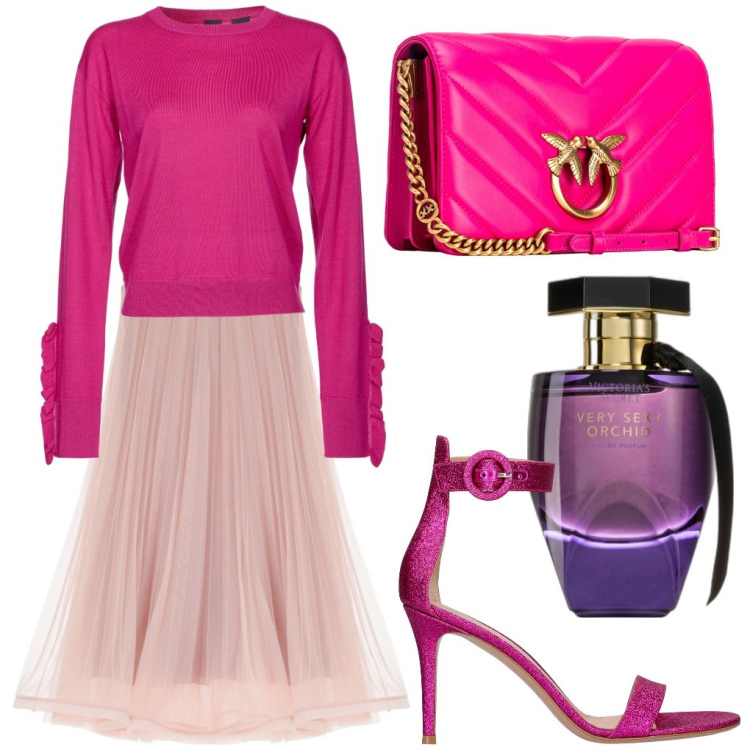 Outfit donna - Mia: chic. Stile Chic per Serata fuori. Abbinamento con profumi, pullovers, borse a tracolla, gonne lunghe, sandali in pelle.