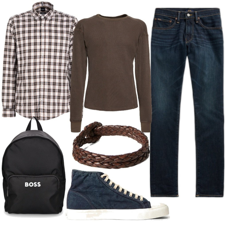 Outfit uomo - Antonino: esame scritto. Stile Trendy per Tutti i giorni. Abbinamento con camicie, sneakers, jeans skinny, braccialetti, t-shirt, borse sportive.