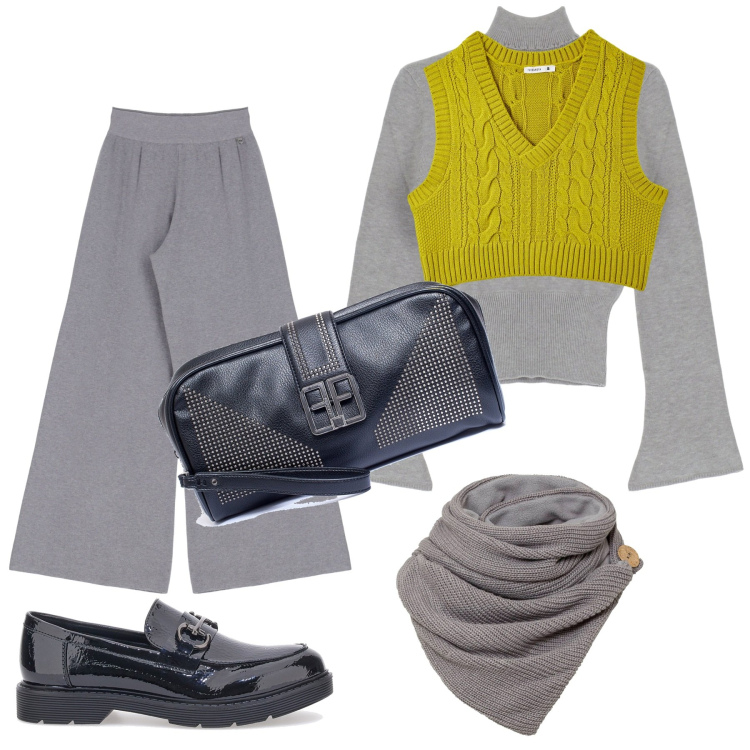 Outfit donna - Il gilet in maglia. Stile Mannish per Tutti i giorni. Abbinamento con foulard, maglieria, pochette, maglieria, pantaloni, mocassini.