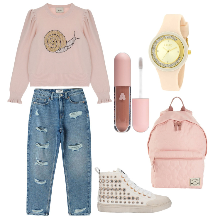 Outfit donna - Giornata all\'università. Stile Casual per Tutti i giorni. Abbinamento con zaini, sneakers alte, orologi, gloss, jeans mom, pullovers.