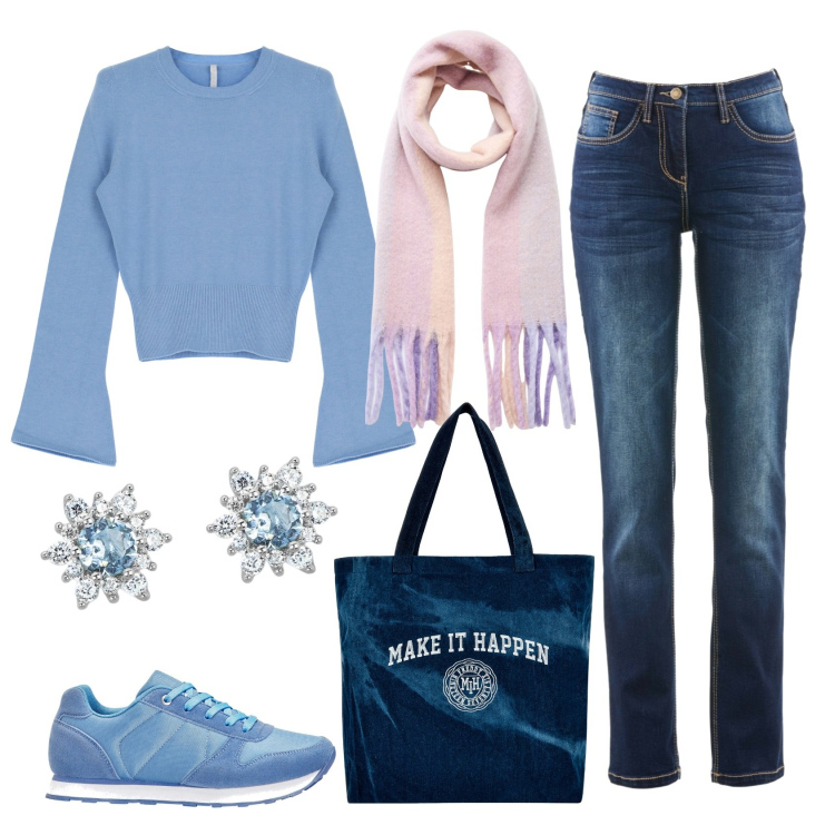 Outfit donna - In azzurro. Stile Casual chic per Tutti i giorni. Abbinamento con jeans dritti, sneakers, sciarpe, orecchini, pullovers, shopping bag.