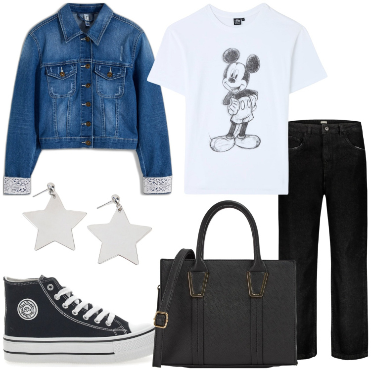 Outfit donna - Casual con semplicità. Stile Urban per Tutti i giorni. Abbinamento con blazer, orecchini, jeans, sneakers, shopping bag, t-shirt.