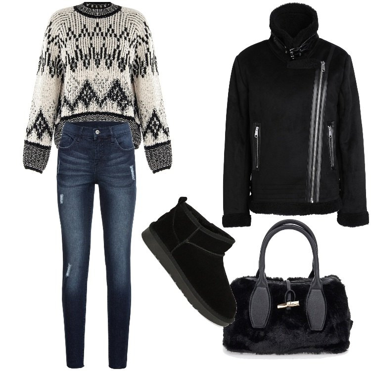 Outfit donna - Total look #1819688. Stile Trendy per Tutti i giorni. Abbinamento con jeans strappati, blazer, maglieria, stivaletti, borse a mano.