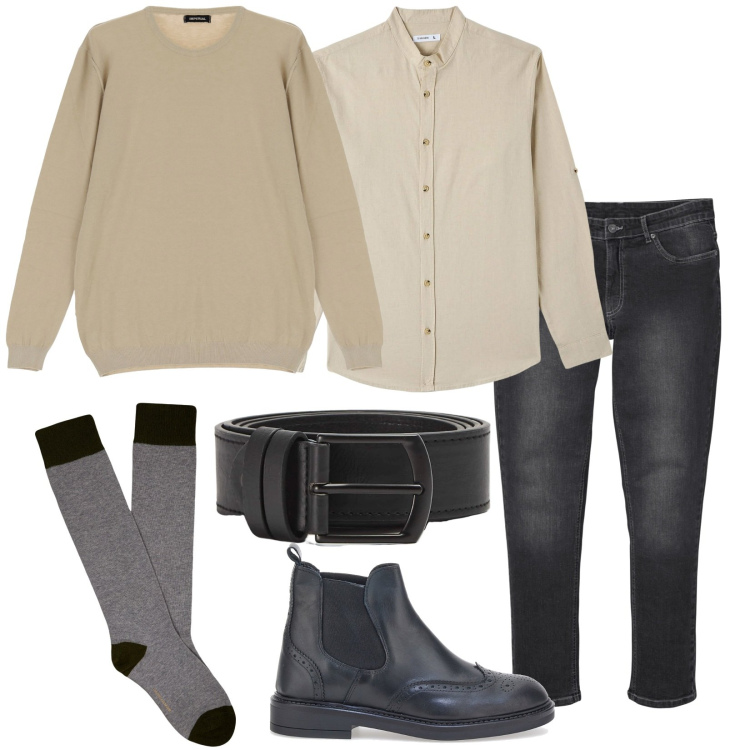 Outfit uomo - Good boy. Stile Casual per Tutti i giorni. Abbinamento con jeans slim fit, camicie, cinture, maglieria, calzini, stivali e stivaletti.