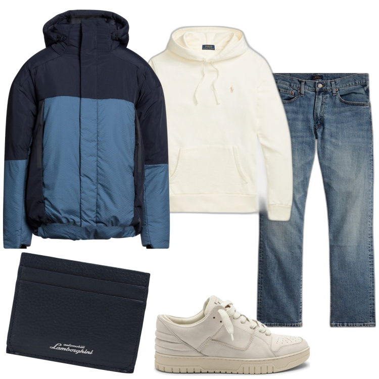 Outfit uomo - Il portafoglio Lamborghini. Stile Casual per Tutti i giorni. Abbinamento con piumini, portafogli, felpe con cappuccio, jeans dritti, sneakers.