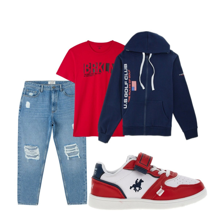 Outfit uomo - Total look #1819735. Stile Casual per Tutti i giorni. Abbinamento con jeans strappati, t-shirt, felpe con cappuccio, sneakers.